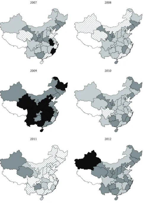 3. ábra: A túlfűtöttség mértéke (az állóeszköz-beruházások és a GDP növekedési ütemének különbsége) Kína tartományaiban évenként, reálértéken, százalékpontban (2007–2015)