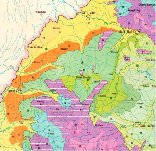 A Románia Nemzeti Atlaszában (1979) található tájtípustérképet (11. ábra) igen nehezen  lehet összeilleszteni a mi második nemzeti atlaszunk (1989) csaknem azonos időben készült  térképével