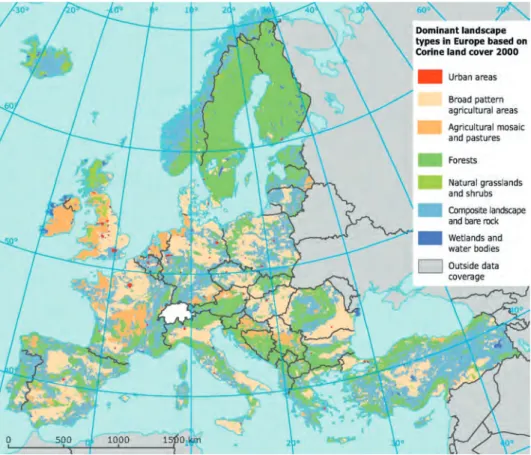 5. ábra Európa űrfelvételeken alapuló CORINE 2000 tájtípustérképe (EEA) Figure 5 Dominant landscape types in Europe based on CORINE land cover image 2000 (EEA)
