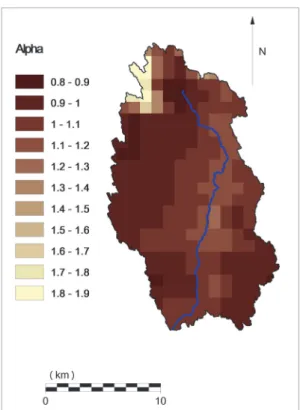 Fig. 6. The calculated Budyko-type α parameter over the Bácsbokodi-Kígyós watershed   (spatial resolution: 1 km 2 )