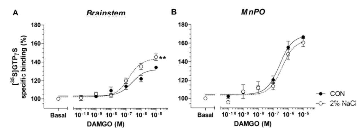 Figure 3. MOR G-protein activity in DAMGO-stimulated [ 35 S]GTPγS binding assays in rat  brainstem membrane and MNPO homogenates during sodium overload