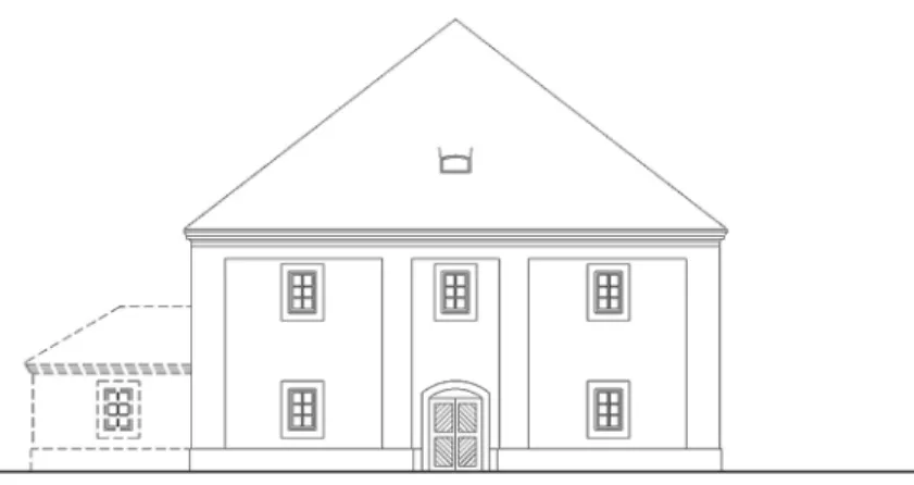 Figure 7. The theoretical reconstruction of the Articular Evangelical Church of Vadosfa – Main and side  façade (Drawing made by the authors)