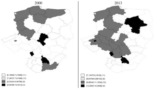 Figure 3 shows the estimated values of TFP in the 35 regions of the Visegrad  Group. In the period from 2000 to 2013, the TFP level has increased