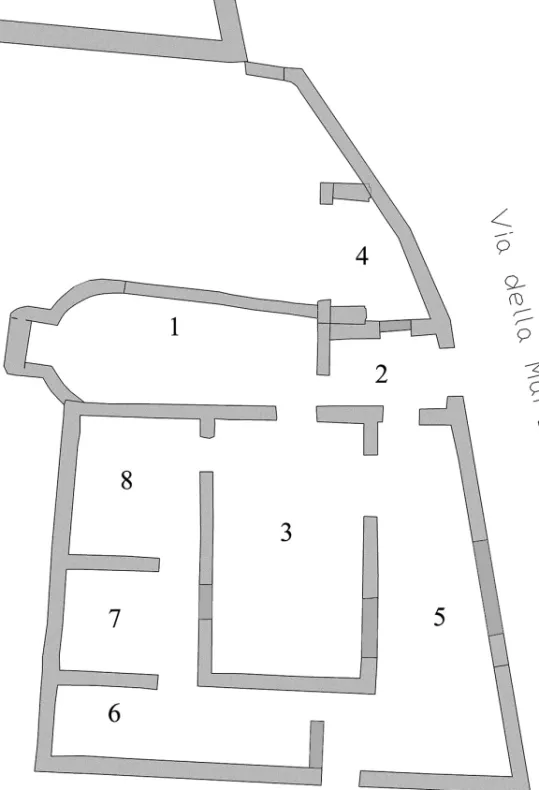 Fig. 7. Ostia, Mithraeum of the colored marbles. Plan (M. David – S. De Togni) 