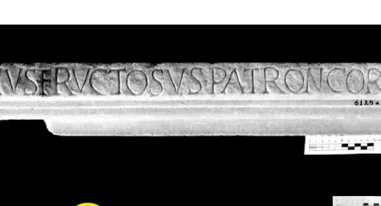 Fig. 5. Ostia, Mithraeum of Fructosus. Two fragments of the inscribed epistylium   (the Mithraic monogram is highlighted)  