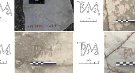 Fig. 7. Ostia, Baths of the Forum. Drawing and photograph of one of the Mithraic monograms   (inv