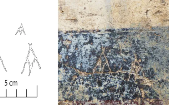 Fig. 9. Drawing and photograph of the graffito with monogram from the Mithraeum of colored marbles  (A