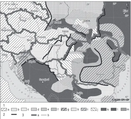 4. ábra: Hasonló fejlettségű régiók a tizenöt klaszteres változat alapján (1930-as évek) Similarity of development, according to the fifteen-cluster version (1930s)