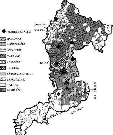 Figure 2. Attraction zones based on market centers in Zemplén County in 1773. 