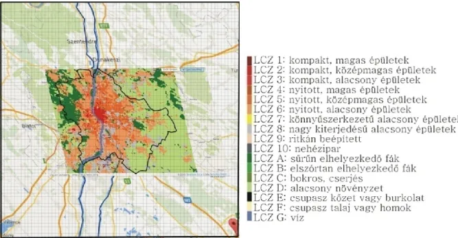 1. ábra: A MODIS 70 × 70 km 2 -es kivágata és Budapest LCZ térképe (LCZ térkép: 