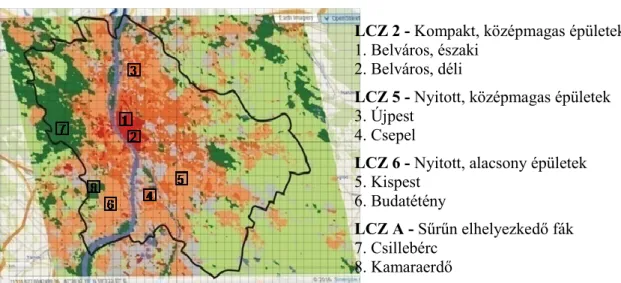 3. ábra: Az összehasonlításhoz kiválasztott MODIS rácscellák elnevezése,  LCZ típusa és elhelyezkedése a térképen