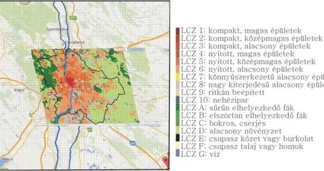 1. ábra: Budapest LCZ térképe a MODIS szenzor 1 km2-es rácsfelbontású vetületén megjelenítve