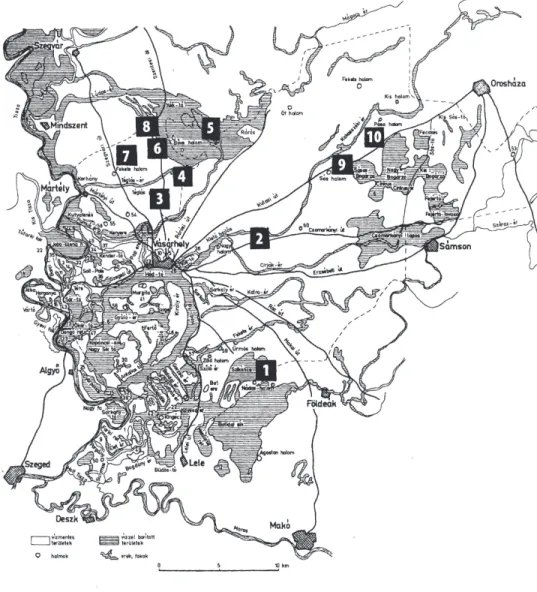 1. ábra Gyűjtőhelyeim B ODNÁR  (1983) Hódmezővásárhely régi vízrajzi viszonyait bemutató térképén: 