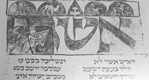 6. kép: Dávid király állatoknak hárfázik, iniciálé. Héber Biblia (Zsoltárok), Ambrosiana B