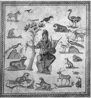 1. kép: Zenélő Orpheus állatok körében, római  padlómozaik, 200 k., Museo Archeologico, Palermo 