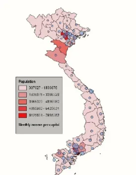 Figure 1 shows the population in the Red River Delta and the South East region. These are the  two regions with the highest monthly income per capita in the country