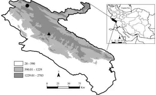 Fig. 1. Marks on the map are representing localities of (●) N. ilamensis and the newly de- de-scribed species (p) N