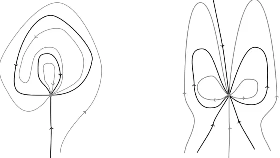 Figure 1.1: Two non-equivalent phase portraits with the same sectorial de- de-composition (elliptic-elliptic-hyperbolic-attracting-hyperbolic in  counterclock-wise sense) at the origin.