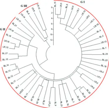 Figure 1. Jaccard’s similarity coefficient-based Fan-dendrogram using CBDP data of 50 durum wheat geno- geno-types