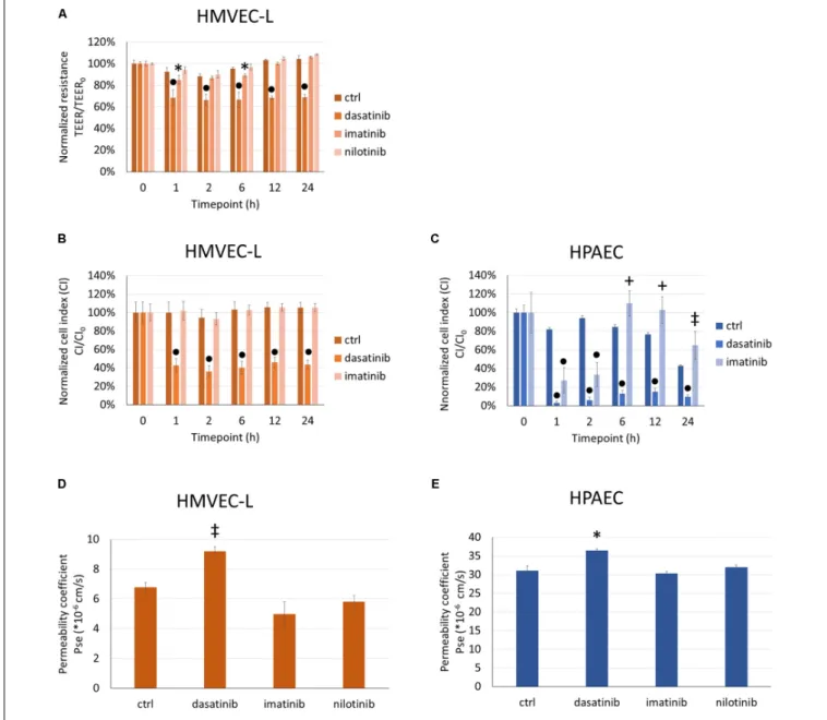 FIGURE 1 | Dasatinib, but not imatinib or nilotinib, alters barrier properties of HMVEC-L and HPAEC cells