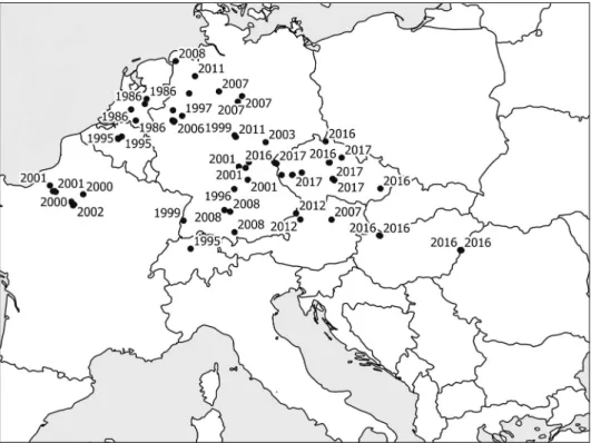 Fig. 1. – Occurrences of Cochlearia danica and the date of first detection in roadside locations in continental Europe based on a review of the literature and the authors observations.
