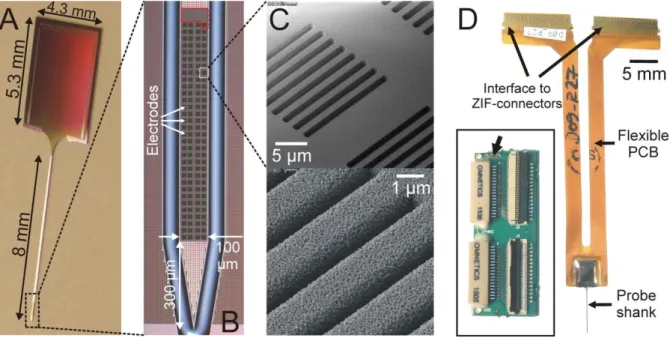 Figure 2. – The fabricated 128-channel silicon-based neural probe. (A) Optical micrograph of 