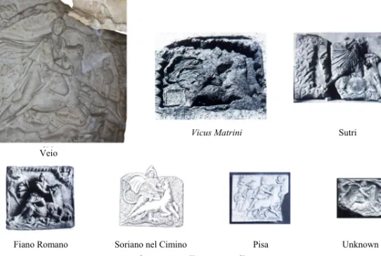 Fig. 10. Overview of the Mithraic reliefs discovered in Etruria (Regio VII): Veii (photo taken by the  author); Vicus Matrini (from A NDREUSSI : Vicus Matrini [n