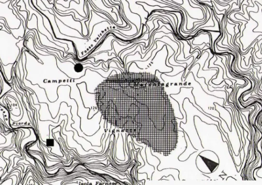 Fig. 4. Map with areas indicating where the relief was discovered (circle) and the location of the south- south-west Campetti site (square)