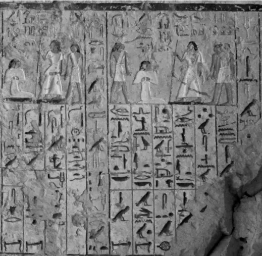 5. kép  A Szájmegnyitás rituáléjának részlete, ahol az egyes jelenetek szövegein belül egy-egy  szövegoszlopban a hieroglifák iránya a képen szereplők beállításához kapcsolható