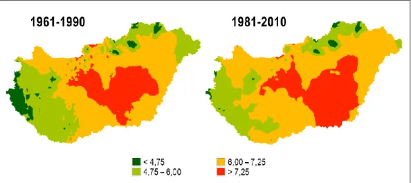 2. ábra: Erdészeti klímaosztályok előfordulása az1961-1990 és az 1981-2010 időszakok   átlagos FAI-értékei alapján