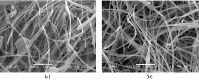 Figure 2. Scanning electron microscopic images of PVPVA64 + 1% CAR fibers prepared by high-speed electrospinning (a) and single-needle electrospinning (b).
