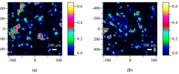 Figure 4. Raman maps of LSM (a) and HSM (b) ES tablets (colorful images show the distribution of the PVPVA64 polymer).