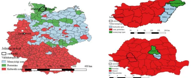 Figure 4. Regional distribution of religious classess of NUTS 3 regions of Germany, Hungary and  Romania;  