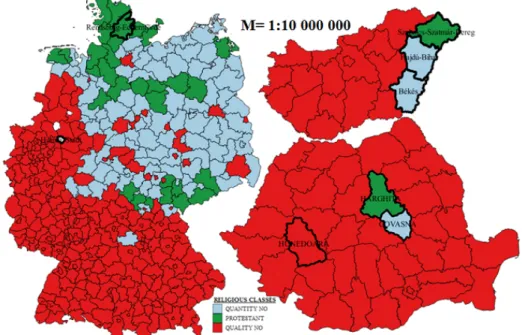 Figure 4. Regional distribution of religious classess of NUTS 3 regions of Germany, Hungary and Romania 