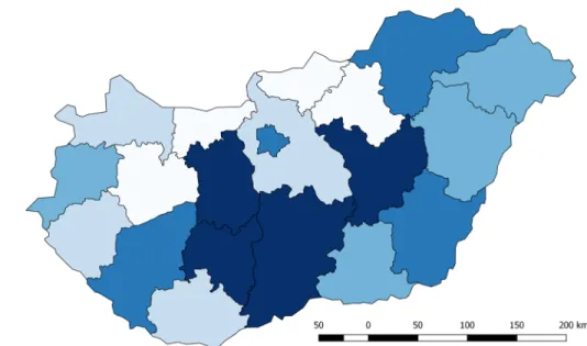 Fig 2. Distribution of graduates that work on occupation which requiring higher education degree by counties in Hungary.