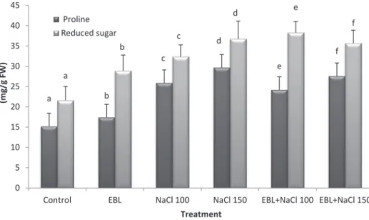 Fig. 1. Effects of 24-epibrassinolide (10 µM) on proline and reduced sugar contents in growing squash  seedlings under salt stress (100 and 150 mM NaCl)