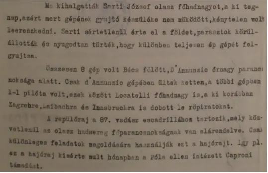 7. kép – Részlet az elfogott olasz pilóta vallomásából. A gépe valóban lángolt, csak nem a levegőben