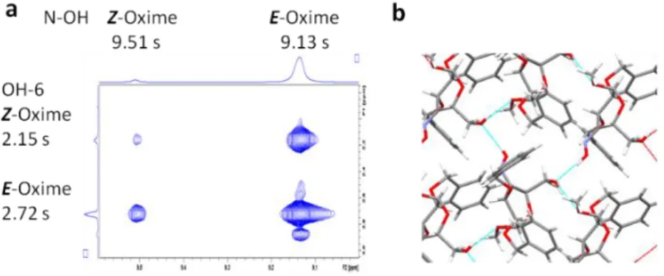 Figure 3. a)  1 H- 1 H NOESY spectrum of oxime (16) shows NOESY cross peaks between the oxime  OHs and the primary OH-6s; b) 3D crystal structure of the Z-oxime shows the intermolecular H-bond 