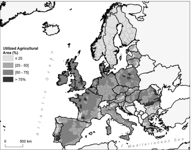 Fig. 1. Percentage of the utilized agricultural area (pUAA) in EU-28 and Norway at NUTS-3 level (except for Germany, at NUTS-2 level) (Source: EUROSTAT; national statistics).