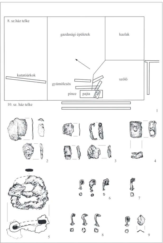 3. ábra. Tiszavasvári-Eszenyi M. telke. 1. A telek beosztása a kutatóárkokkal; 2–9. Leletek a sírból