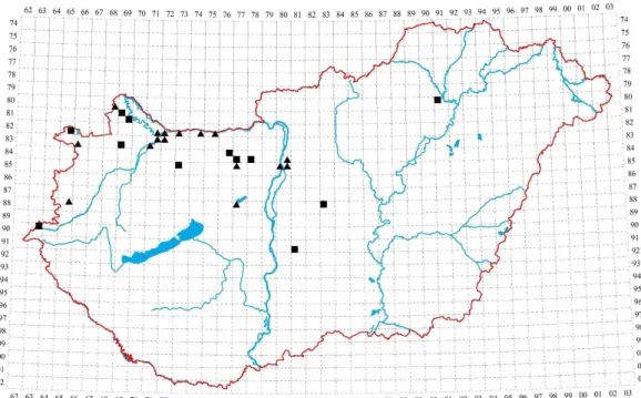 2. ábra. A Senecio inaequidens elterjedése Magyarországon 2018-ban (alaptérkép: B ARTHA  et al