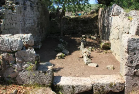 Fig. 9. View of mithraeum from NE entrance. Missing altar should be directly ahead,   against rear wall (photo courtesy of author) 