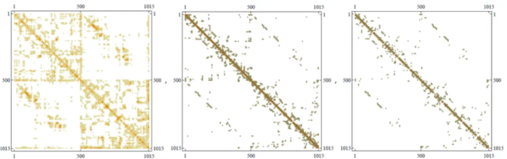 Fig. 1. Plots of the adjacency matrix of a 1015 node structural brain network, the greedy naviga- naviga-tional core (GNC) network, and that part of the GNC which is included in the brain network.