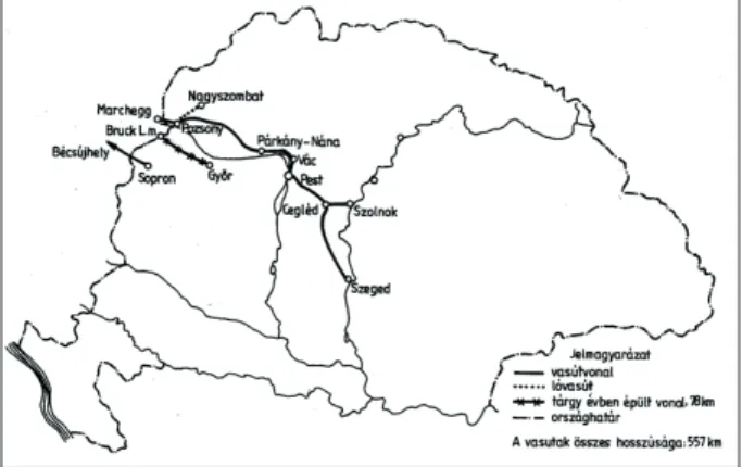 2. ábra:   Magyarország vasúthálózata 1854-ben. 