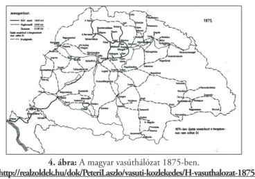 4. ábra:   A magyar vasúthálózat 1875-ben. 