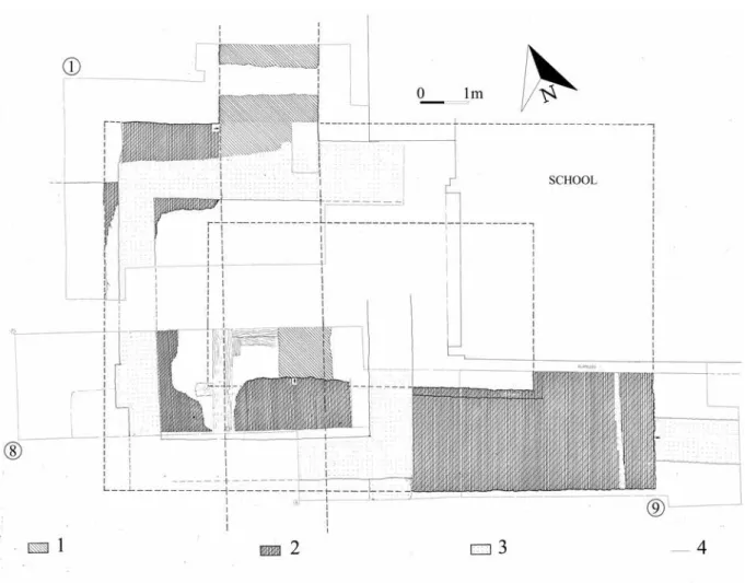 Fig. 2. The excavated stone town wall and the rectangular tower in the courtyard of 20 Jókai Street with trenches No