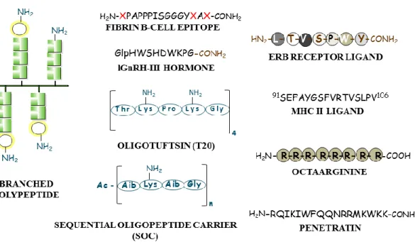 Figure 3:  Peptide/polypeptide component of the bioconjugates for targeting:  branched chain  polymeric  polypeptides,  oligotuftsin  (T20),  sequential  oligopeptide  carrier  (SOC)  (a),  cell  surface-receptor binding ligand (e.g