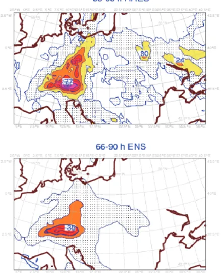 Fig. 4.  Precipitation forecasts starting at 12 UTC on May 30, 2013 showing (a) the  HRES 24-hour precipitation forecast 66 to 90 hours ahead and (b) the ENS mean  24-hour precipitation forecast 66 to 90 hours ahead.