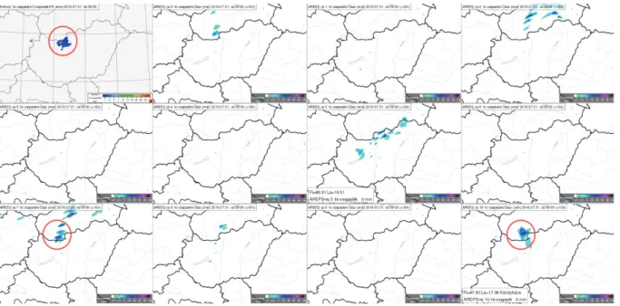 Fig. 12. Hourly accumulated precipitation over Hungary at 09 UTC, July 31, 2016. Top  left panel shows the radar observation based amount, while other maps belong to the 11  members of an AROME-EPS started at 18 UTC, July 30, 2016
