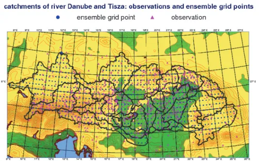 Fig. 1. 21 catchments of rivers Danube and Tisza (border of catchments (black),  ensemble grid points (blue), and observations (magenta))